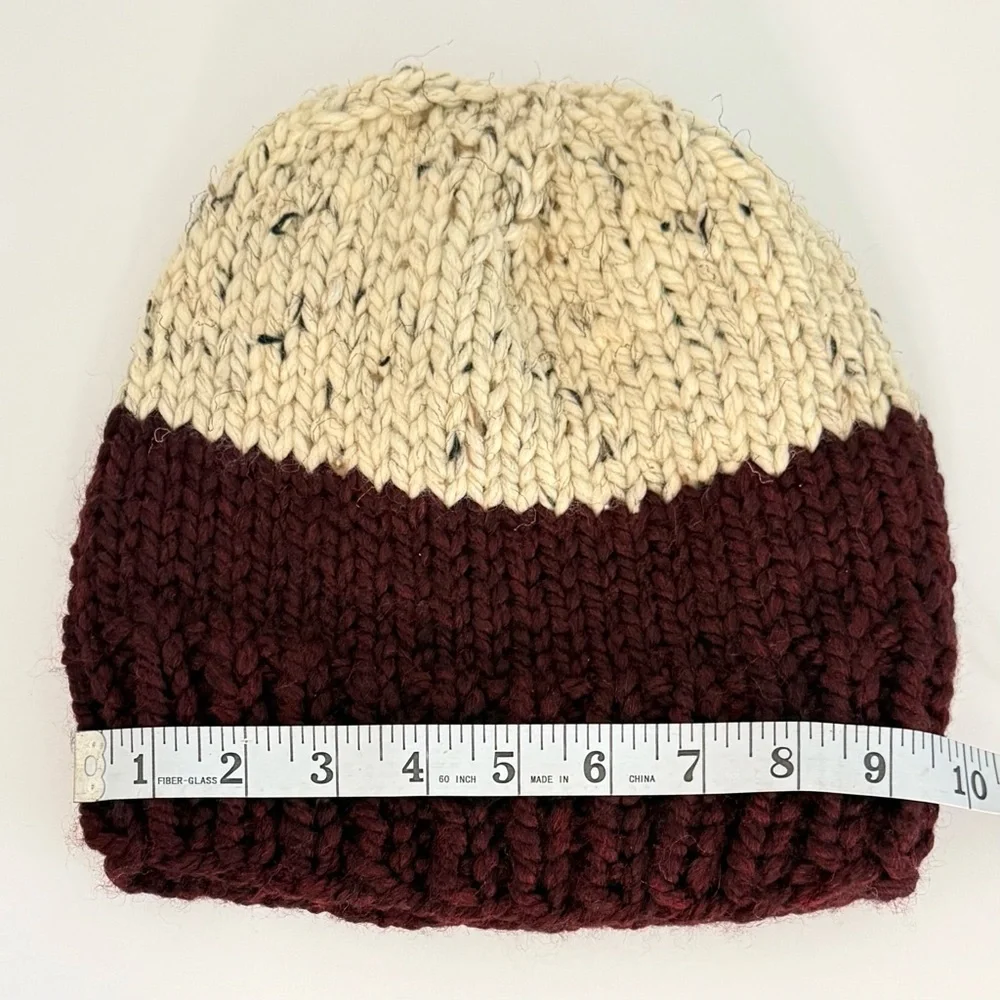 Handmade Two-Tone Knit Beanie – Burgundy & Cream